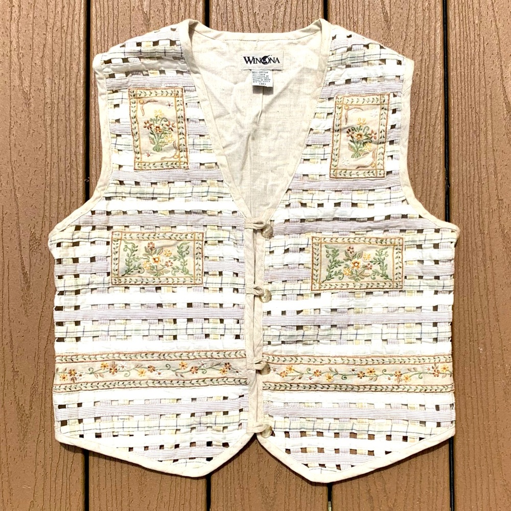 WINONA VINTAGE LATICE WORK EMBROIDERED LINEN COTTON BLEND VEST SIZE MEDIUM NWOT